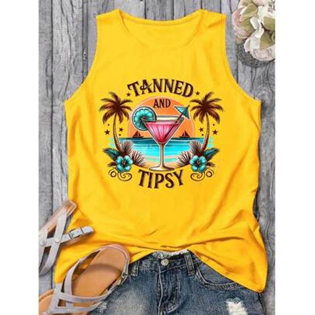 SHEIN Plus Size Women Holiday Palm Tree & Letter Print Casual Tank Top