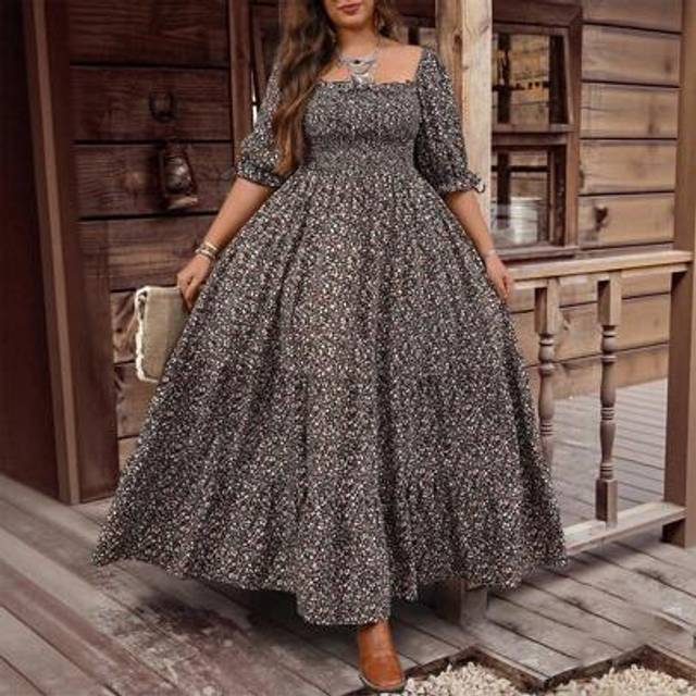 Franclia Plus Size Women Bohemian Style Vintage Square Neck Romantic Colorful Floral Maxi Multi-Layer Flare Dress