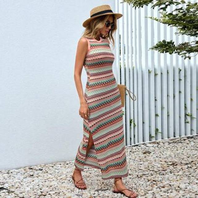 Vivid Eden Geo Print Split Thigh Tank Maxi Dress,Women Summer Clothing,Vacation Style,For Beach Vacation