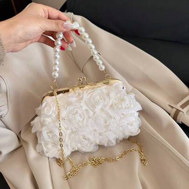 SHEIN 3D Floral Pearl Shell Handbag, 2025 Spring New Romantic Gift For Girlfriend, Wife, Best Friends, Small Square Bag With Embroidered Pearls, High-End Ev