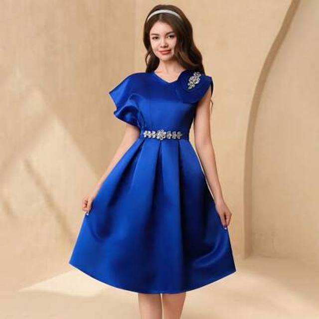 Teen Girl Rhinestone Dekor Rufsig fåll Elegant lyxig satin pärlstav lång klänning - Blå (14Y,13Y,16Y,15Y)