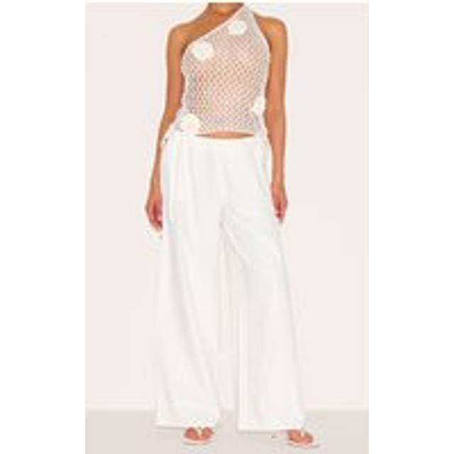 Petite White Premium Linen Look Wide Leg Side Tie Detail Trousers, White - 4