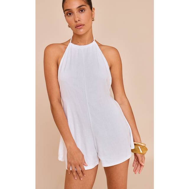 Petite White Linen Look Halterneck Floaty Playsuit, White - 4