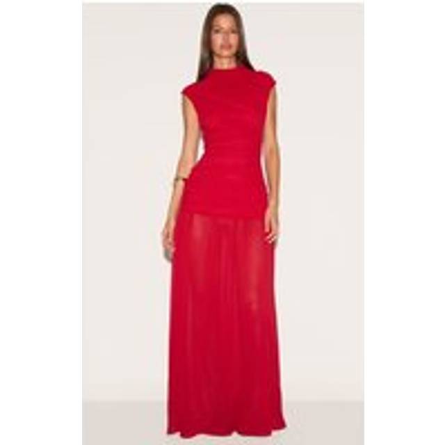Red Chiffon Ruched Dropped Waist Sleeveless Maxi Dress, Red - 12