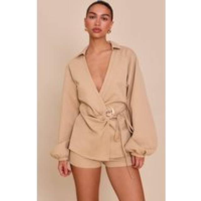 Sand Woven Tie Front Gold Hardware Detail Shirt, Sand - 14
