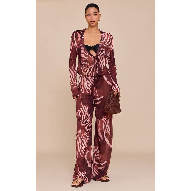 Brown Chiffon Abstract Print Wide Leg Trousers, Brown - 12