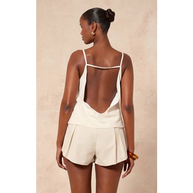 Cream Linen Look Open Back Cami Top, White - 16