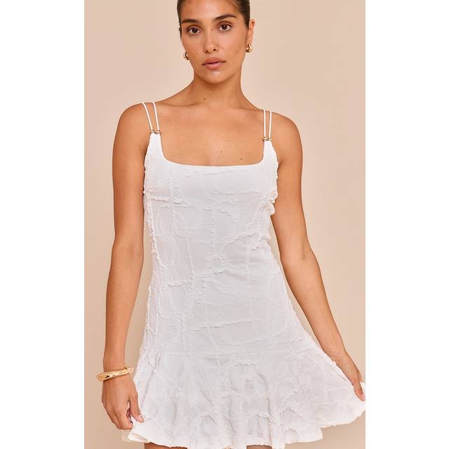 Petite White Textured Double Strap Shift Mini Dress, White - 14