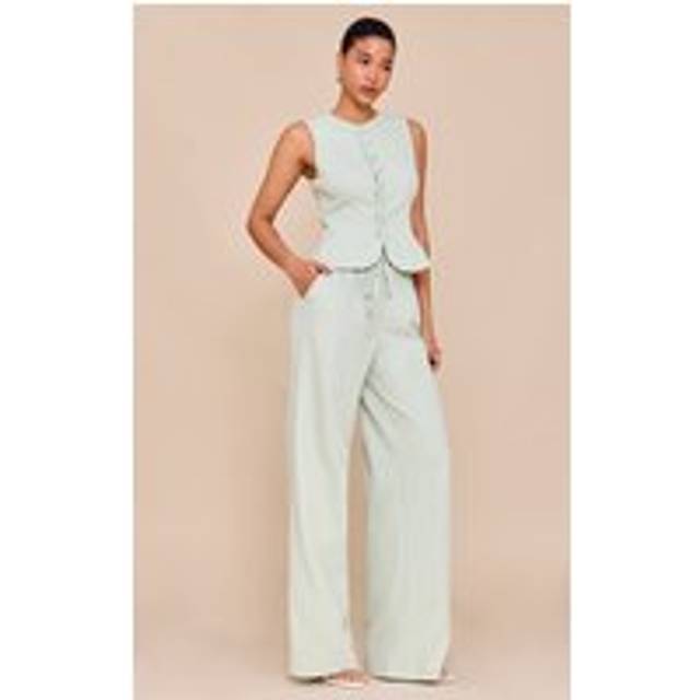 Pale Lime Tailored Tie Detail Woven Wide Leg Trousers, Pale Lime - 8