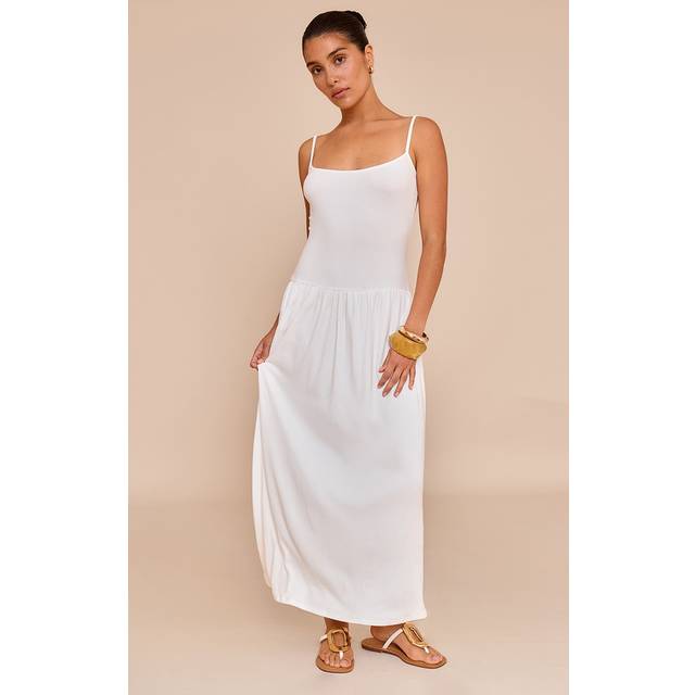 Petite White Strappy Ribbed Flowy Maxi Dress, White - L