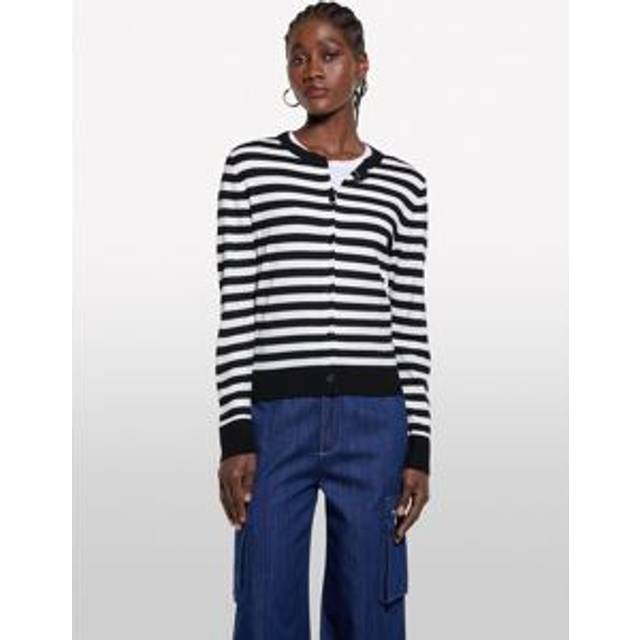 Sisley - Black And Cream White Striped Cardigan, Woman, Multi-color, Size: XS