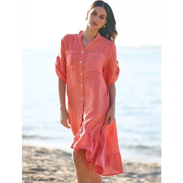 Yumi Coral Italian Linen Shirt Dress With Frill Hem - Size S UK - Yumi