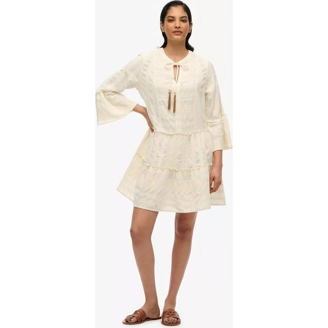 Superdry Ibiza Tiered Mini Dress, Dusty Ecru
