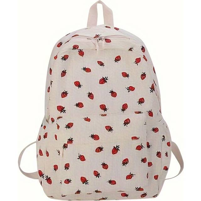 TEMU Nylon Fruit Pattern Daypack Backpack With Laptop Compartment, Casual School Backpack With Utility Pocket, Hand Wash, Non-waterproof Closure Zipper - Pink Strawberry Print