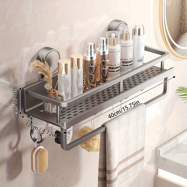TEMU 1pc Heavy-duty Rustproof Shower Caddy With Suction Cups - Space-saving Wall-mounted Floating Shelf & Towel Hooks For Shampoo, Soap, And Bathroom Accessories, Durable For Modern Bathrooms