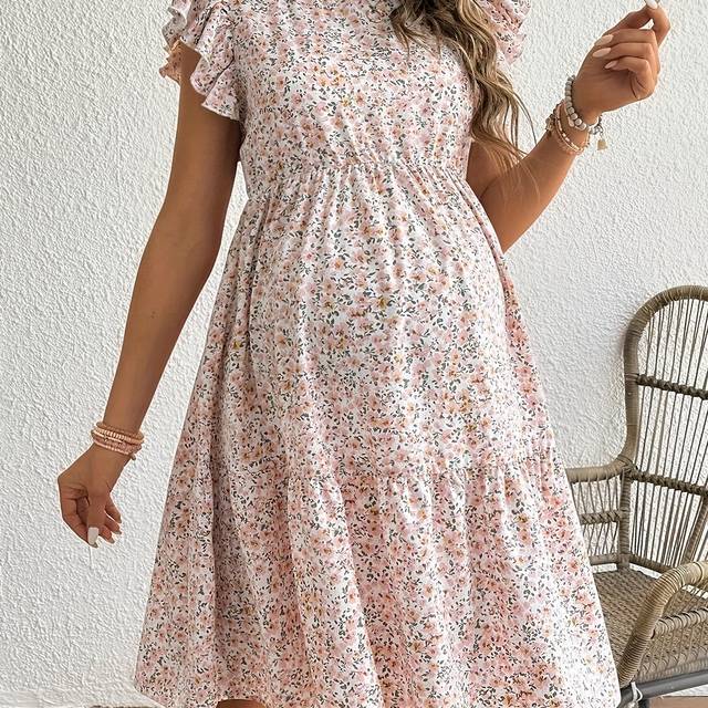 TEMU Women's Casual Floral Print Peplum Dress Sleeves - Loose Fit, Tiered Skirt, V-neck, Non-stretch Fabric, Summer, Pregnancy Dress|floral Print Dress|, Pregnancy Clothes