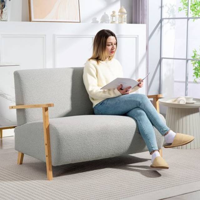 Small 2 seater sofa, upholstered loveseat couch with wood frame, grey
