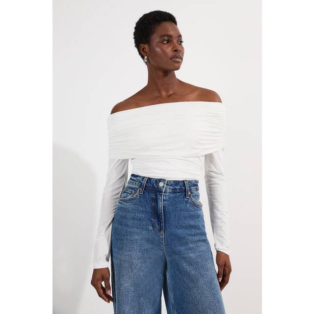 Drapey Slinky Jersey Bardot Long Sleeve Bodysuit - Ivory