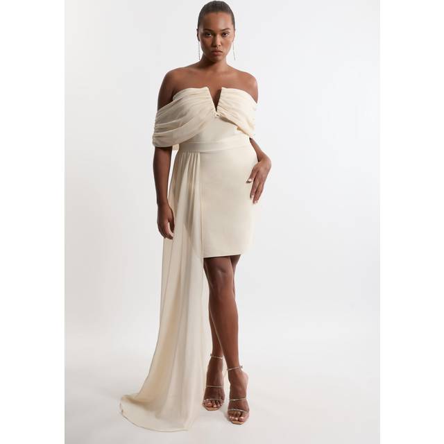 Plus Size Figure Form Bandage Knit Woven Bardot And Skirt Detail Dress - Neutral