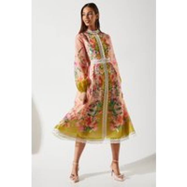 Organza Lace Trim Midi Dress - Multi - 12