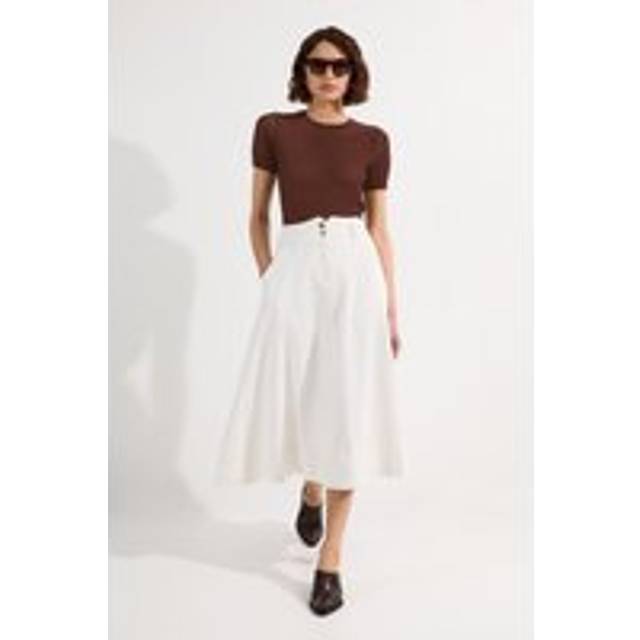 Denim High Waist Full Midi Skirt - Ivory