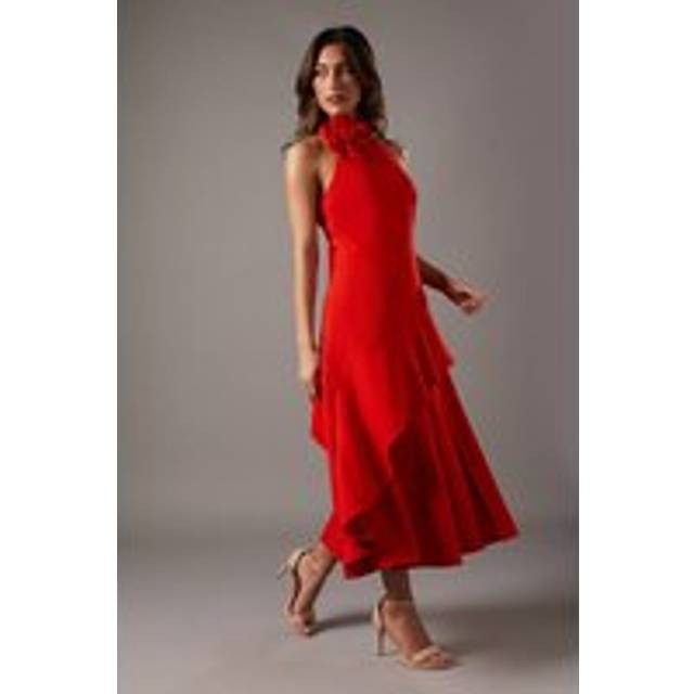High Neck Corsage Detail Midi Dress - Flame Red - 10
