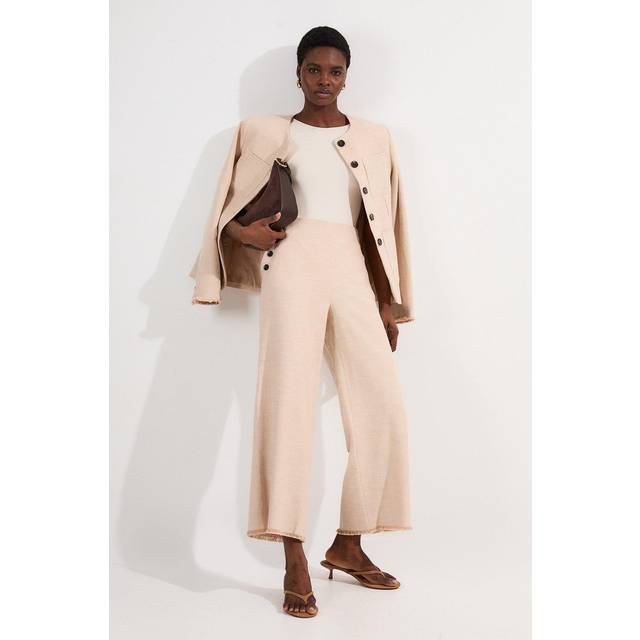 Spring Tweed Tailored Button Detail Cropped Wide Leg Trouser - Neutral