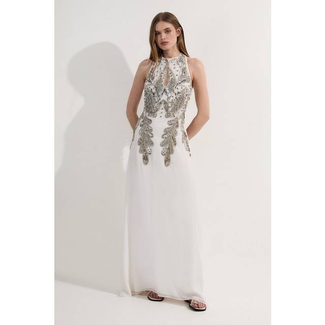 Halter Neck Bugle Bead Detail Woven Maxi Dress - Ivory