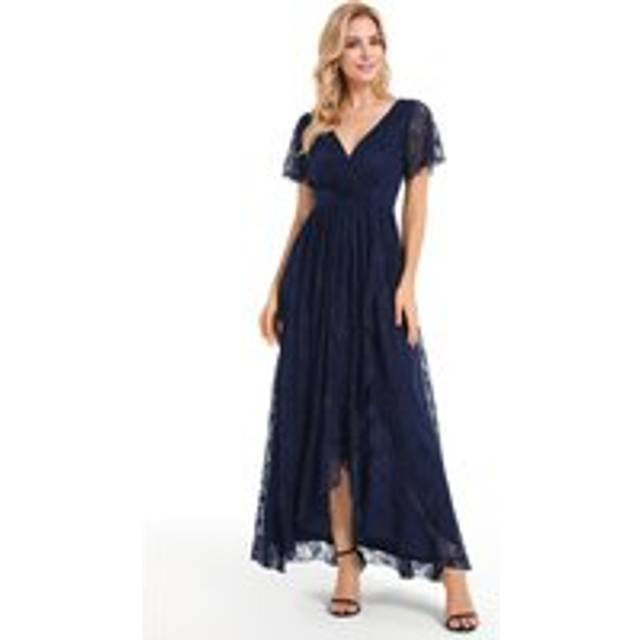 Ruched Ruffled Lace Hight Low Wedding Guest Dresses - Navy - 22