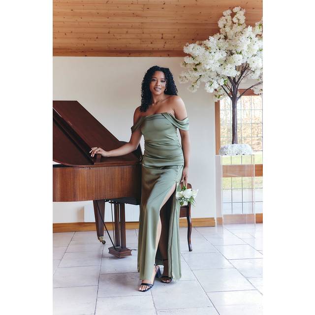In The Style Olive Satin Bardot Ruched Maxi Dress - 16