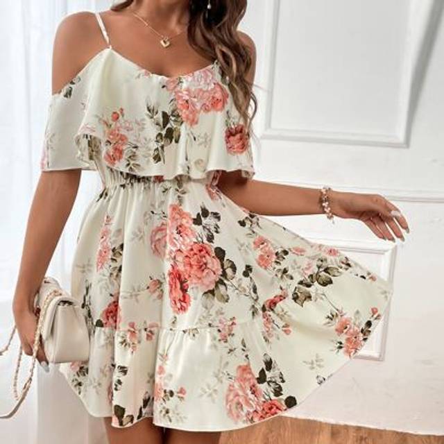 SHEIN Romantic Flower And Plant Printed Off-The-Shoulder Ruffle Strap Vacation Summer Dress Dresses Graduation,Summer Dresses For Women