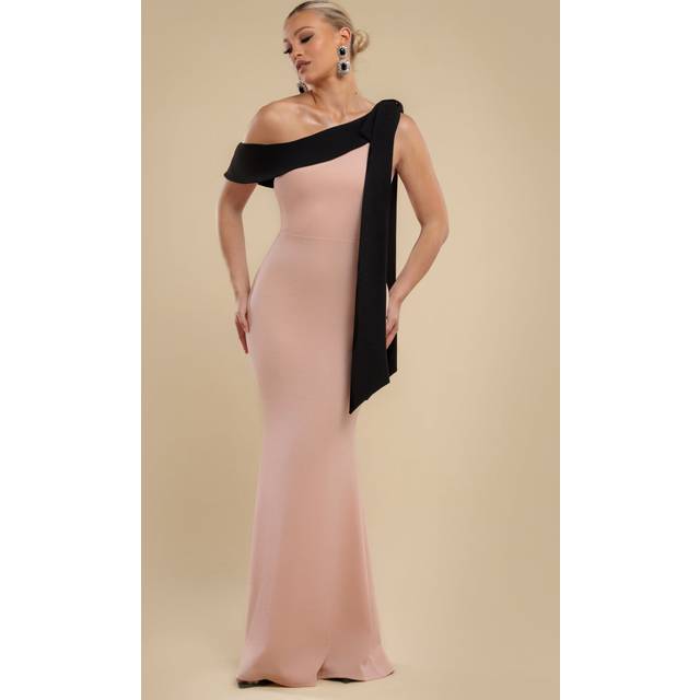 Goddiva One Shoulder Contrast Bow Maxi Dress - Nude Black - NudeBlack - 14