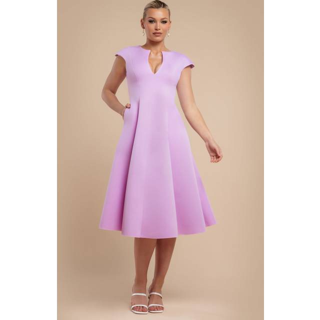 Cap Sleeve Plunging V-Neckline A-line Midi Dress - Lilac by Goddiva - 8