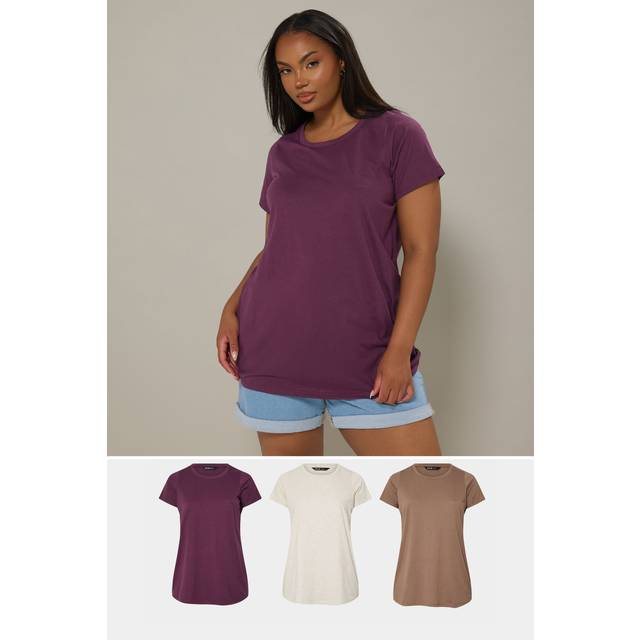 Yours Curve 3 Pack Natural Brown & Purple Core Tshirts, Women's Curve & Plus Size, Yours - 22-24