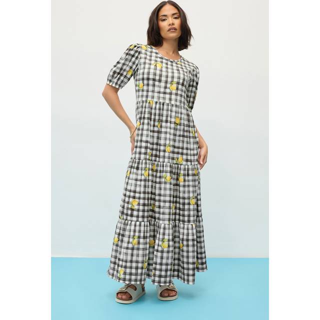 Pixiegirl Black Lemon Gingham Graphic Tiered Smock Dress 12 Pixiegirl | Petite Women's Midaxi Dresses