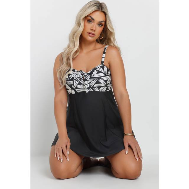 Yours Curve Black Abstract Tie Front Swimdress - 34-36