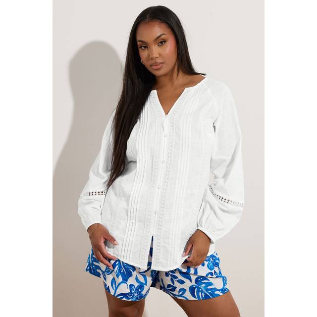 Yours Curve White Crochet Trim Pleated Blouse, Women's Curve & Plus Size, Yours - 14