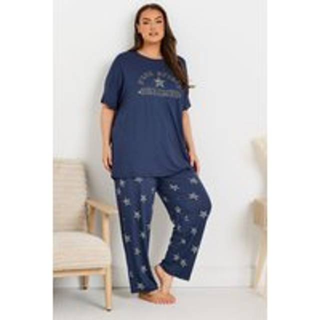 Yours Curve Navy Blue 'Free Spirit Dreamer' Star Print Wide Leg Pyjama Set - 34-36