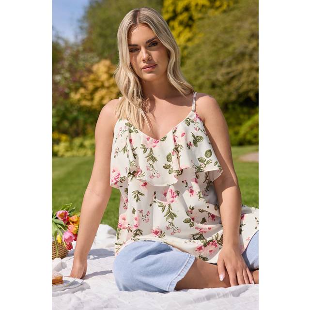 Yours Curve White Floral Frill Cami Vest Top, Women's Curve & Plus Size, Yours - 16