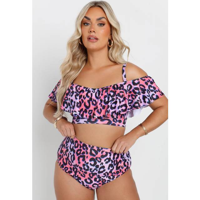 Yours Curve Pink Leopard Print Bardot Frill Bikini Top - 26