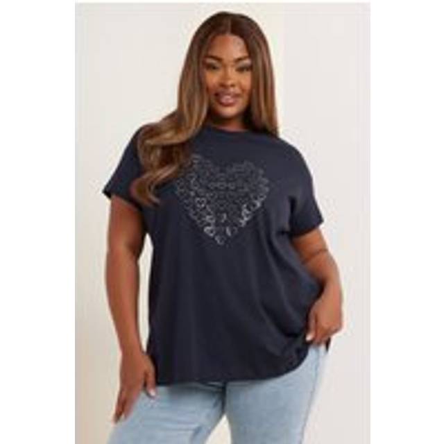 Yours Curve Navy Blue Foil Heart Print Tshirt, Women's Curve & Plus Size, Yours - 18