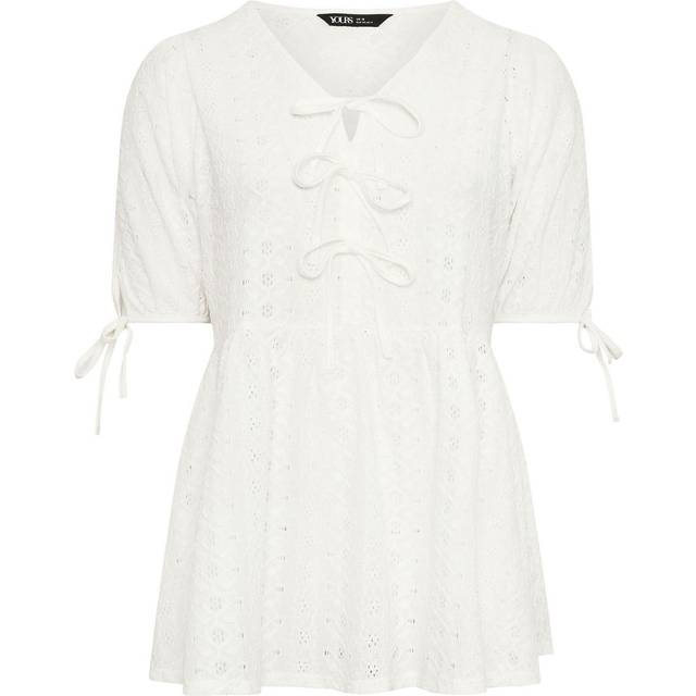 Yours Curve White Broderie Anglaise Bow Tie Front Peplum Top, Women's Curve & Plus Size, Yours - 14