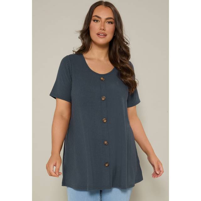 Yours Curve Dark Blue Button Front Ribbed Swing Top, Women's Curve & Plus Size, Yours - 38-40