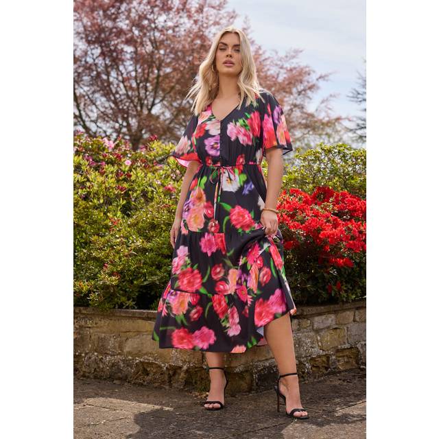 Yours Curve Black Floral Tiered Maxi Dress, Women's Curve & Plus Size, Yours - 26-28