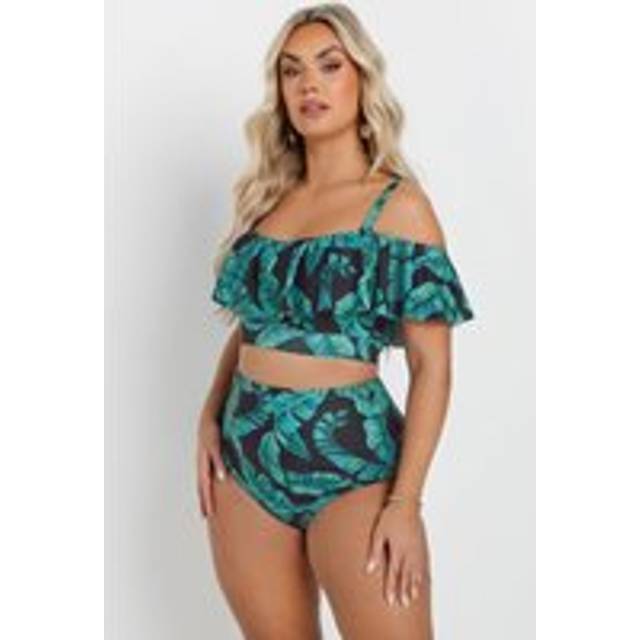 Yours Curve Green Leaf Print Bardot Frill Bikini Top - 14