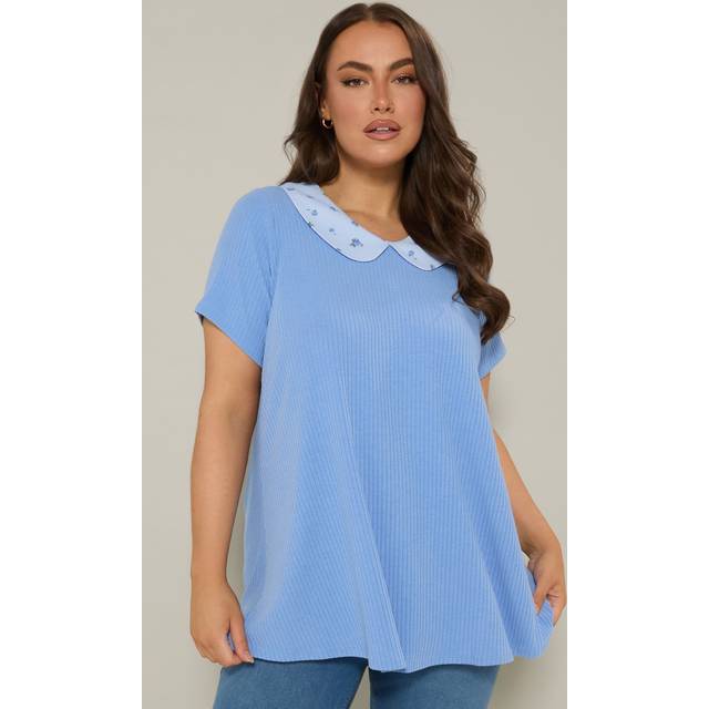 Yours Curve Blue Ditsy Floral Collar Ribbed Swing Top, Women's Curve & Plus Size, Yours - 30-32