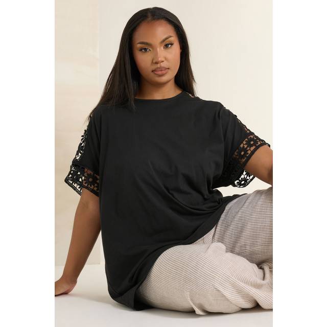 Yours Curve Black Crochet Sleeve Boxy Tshirt, Women's Curve & Plus Size, Yours - 22-24