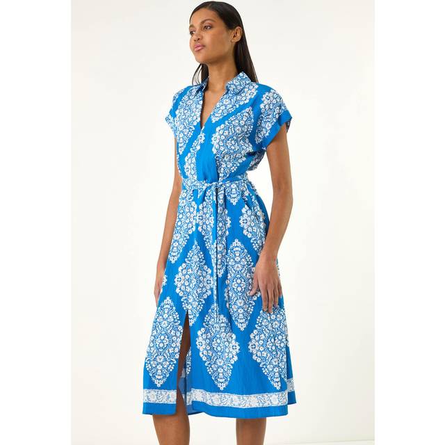Geometric Print Belted Midi Shirt Dress - Royal Blue - 20