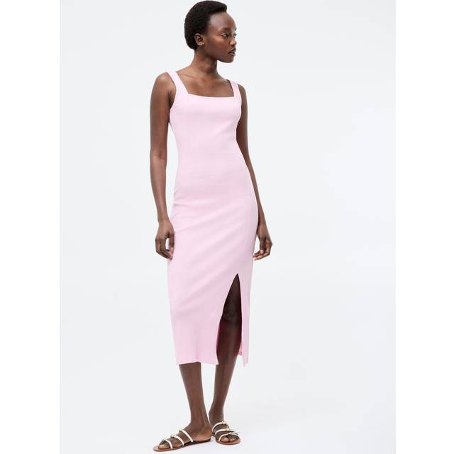 Square Neck Ribbed Bodycon Midi Dress Strawberry Shake Pink