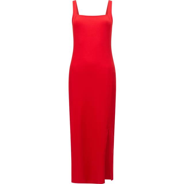 Square Neck Ribbed Bodycon Midi Dress Red